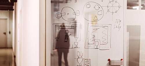 Ein Raum, der durch eine Glasscheibe in zwei Teile getrennt wird. Auf der Glasscheibe stehen mit Edding geschriebene Formeln.