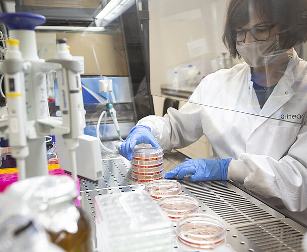 Startup Laboratory Company in Vienna Woman wearing a mask in a laboratory surrounded by scientific equipment looking at petri dishes